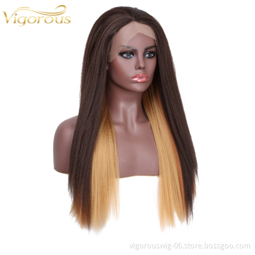 High Quality Straight Long Fake Scalp Coloured Ombre Ginger Fiber Blend Blonde Cheap Lace Front Synthetic Hair Wigs